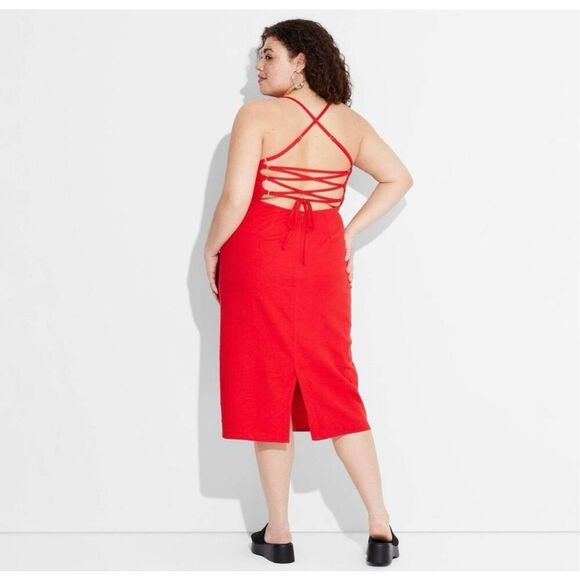 ✨Wild Fable Women's Linen Lace Tie Back Red Summer Midi Slip Sz 14 Dress✨ - Picture 2 of 9